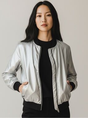 Silver Metallic Bomber Jacket with Black Trim Reserved